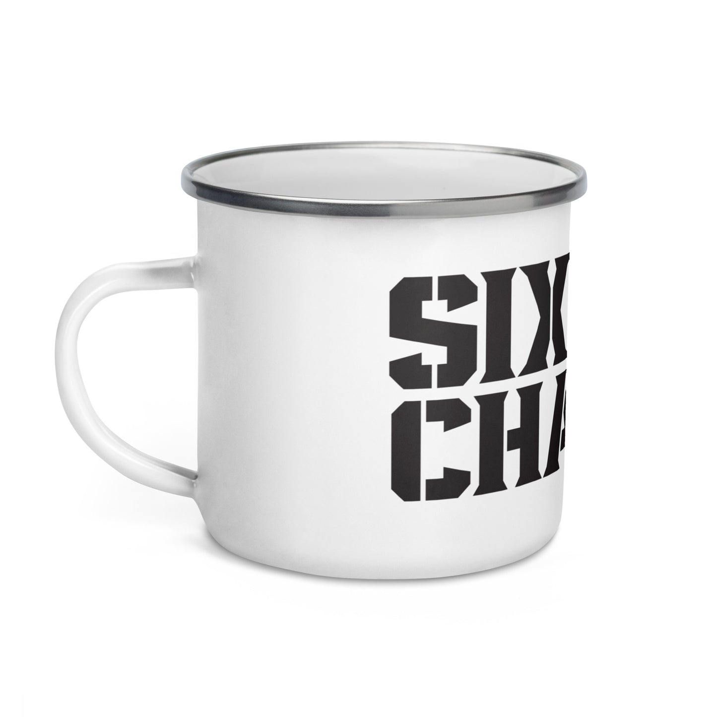 White enamel coffee mug with Six Once Charlie Logo