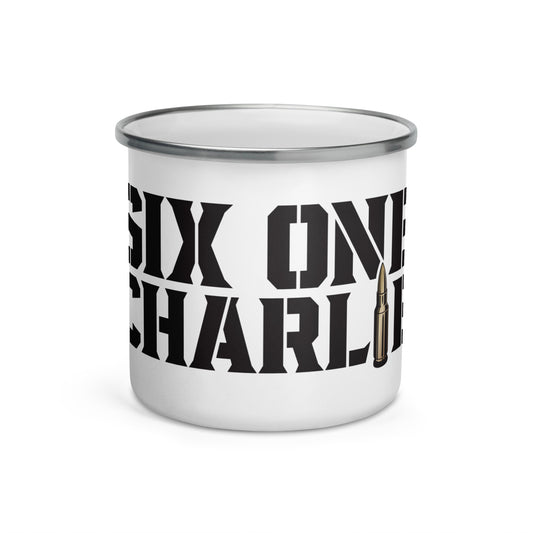 White enamel coffee mug with Six Once Charlie Logo